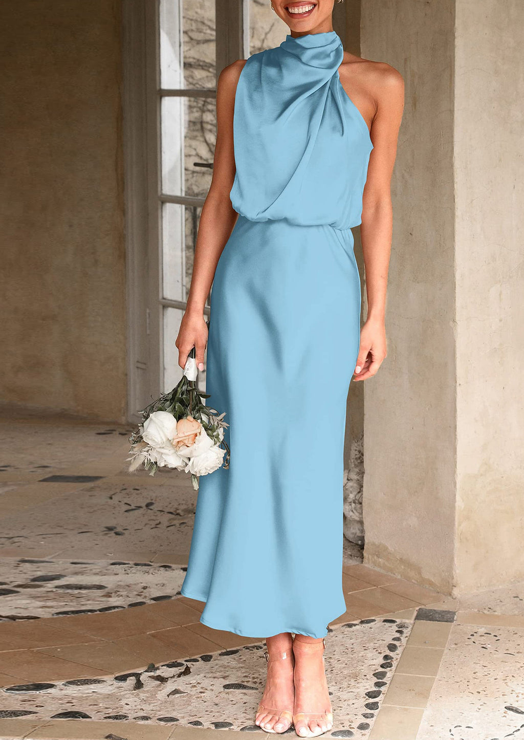 Women's Summer Satin Dress Elegant Sleeveless Mock Neck Cocktail Party Maxi Dresses