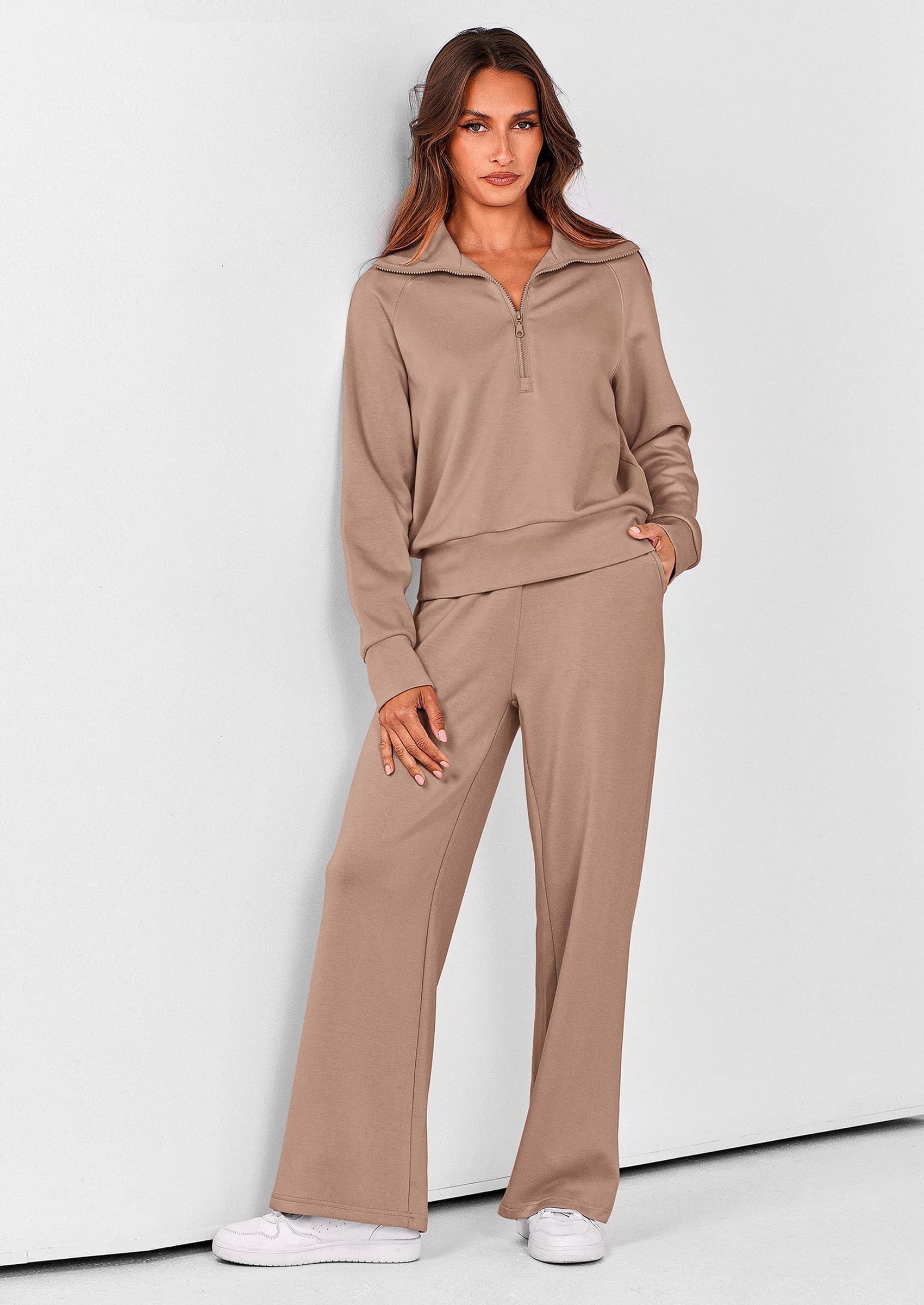 Women's 2 Piece Outfits Casual Lapel Half Zip Sweatshirts And Wide Leg Pants Tracksuit Sets