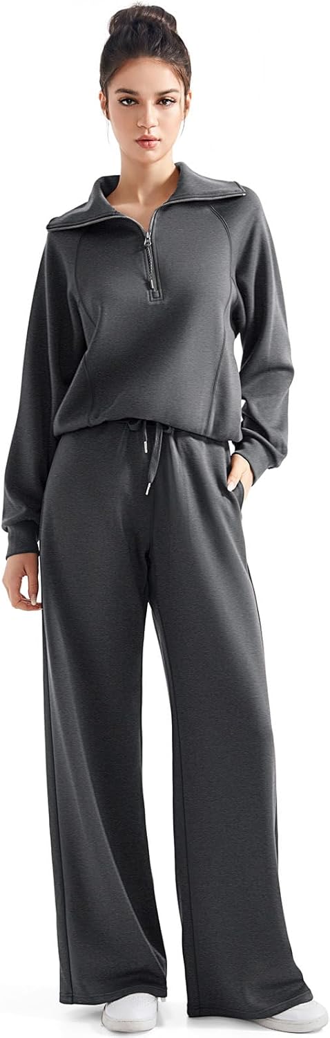 SUUKSESS Women 2 Piece Lounge Matching Set Wide Leg Sweatpant Half Zip Sweatshirt