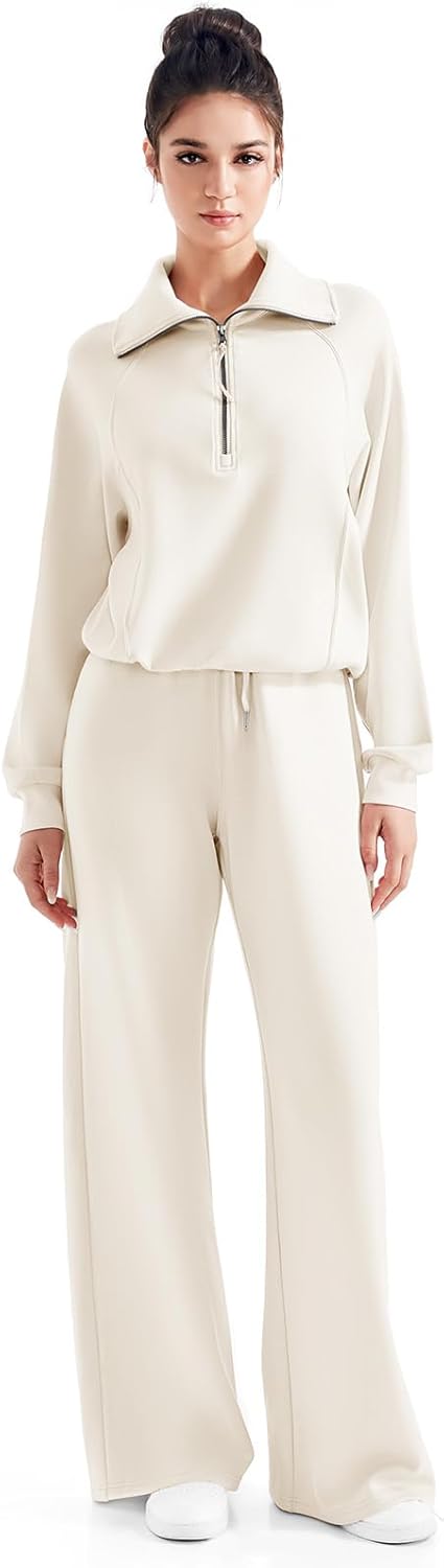 SUUKSESS Women 2 Piece Lounge Matching Set Wide Leg Sweatpant Half Zip Sweatshirt