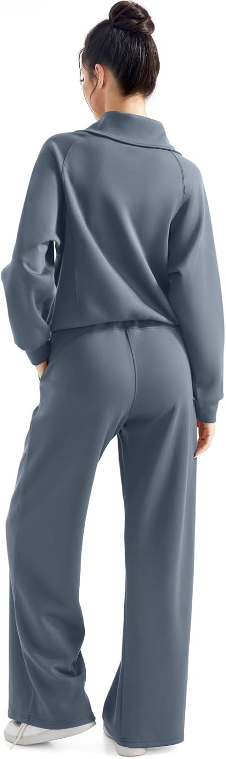SUUKSESS Women 2 Piece Lounge Matching Set Wide Leg Sweatpant Half Zip Sweatshirt