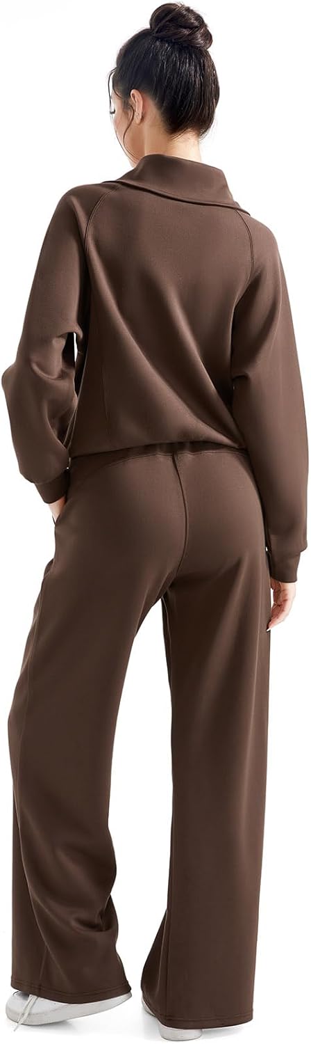 SUUKSESS Women 2 Piece Lounge Matching Set Wide Leg Sweatpant Half Zip Sweatshirt