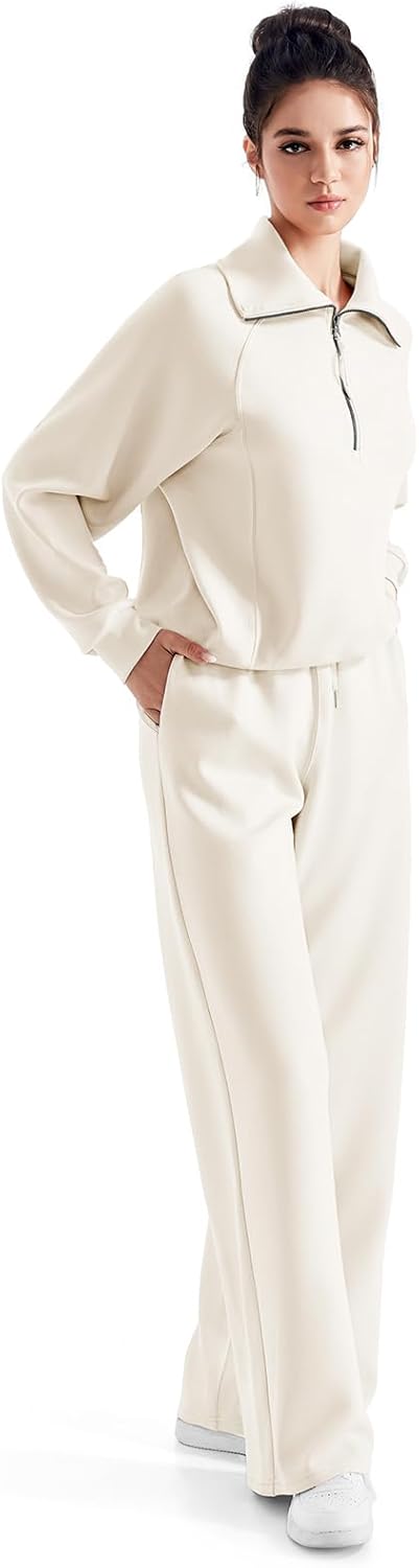 SUUKSESS Women 2 Piece Lounge Matching Set Wide Leg Sweatpant Half Zip Sweatshirt
