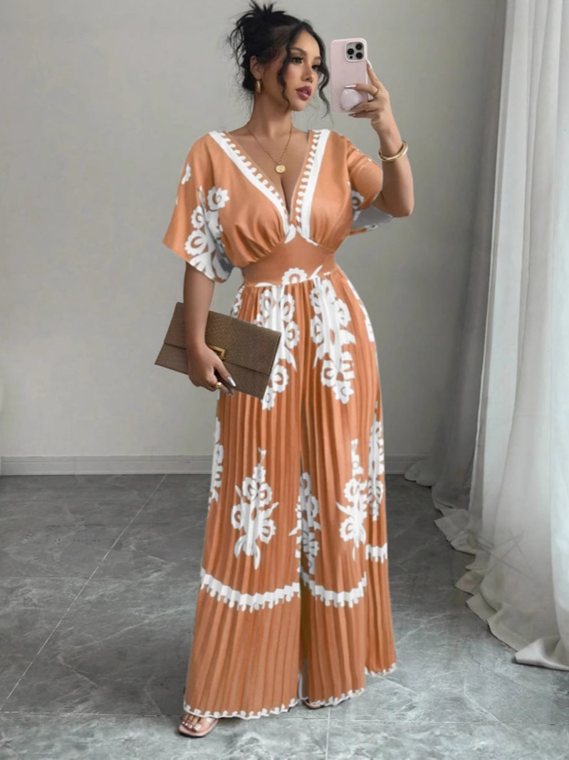 Elenzga Women's Print Batwing Sleeve Deep V Neck Ruched Jumpsuits For Vacation