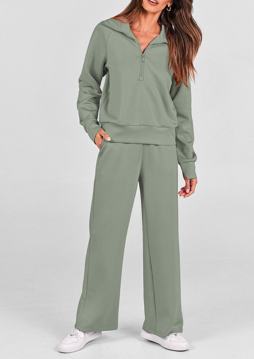 Women's 2 Piece Outfits Casual Lapel Half Zip Sweatshirts And Wide Leg Pants Tracksuit Sets