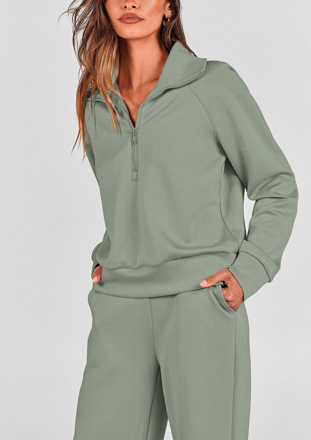 Women's 2 Piece Outfits Casual Lapel Half Zip Sweatshirts And Wide Leg Pants Tracksuit Sets