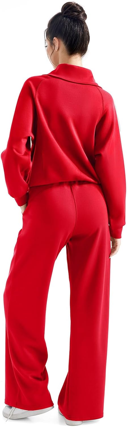 SUUKSESS Women 2 Piece Lounge Matching Set Wide Leg Sweatpant Half Zip Sweatshirt
