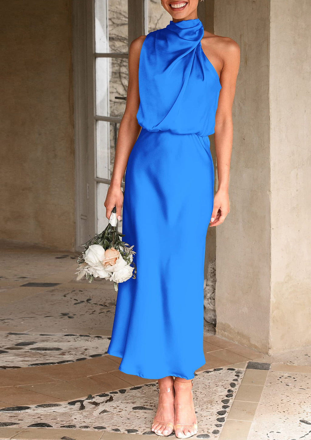 Women's Summer Satin Dress Elegant Sleeveless Mock Neck Cocktail Party Maxi Dresses