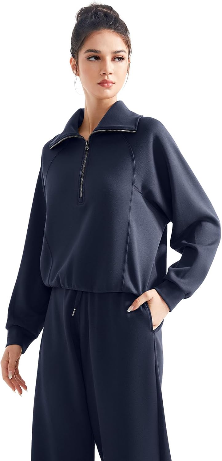 SUUKSESS Women 2 Piece Lounge Matching Set Wide Leg Sweatpant Half Zip Sweatshirt