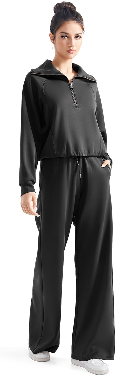 SUUKSESS Women 2 Piece Lounge Matching Set Wide Leg Sweatpant Half Zip Sweatshirt
